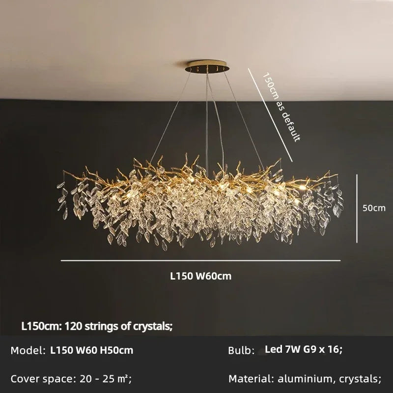 Crystal Branch Chandelier LED Pendant Lamps Elegant Villa Living Room Gold Decor