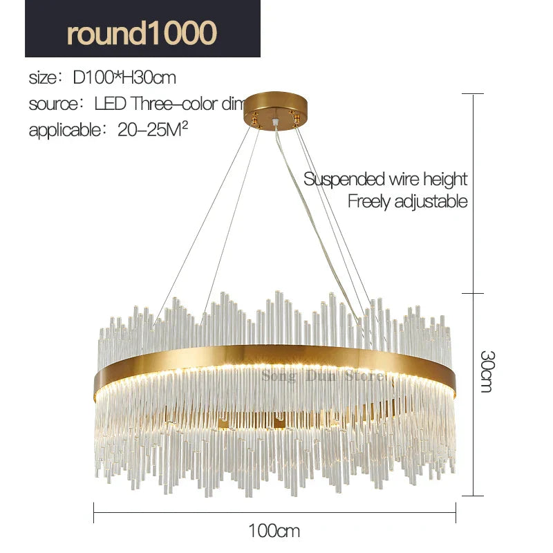 Crystal Rod Round Chandelier: Modern Nordic Light for Living Room, Bedroom, Dining Room, Kitchen