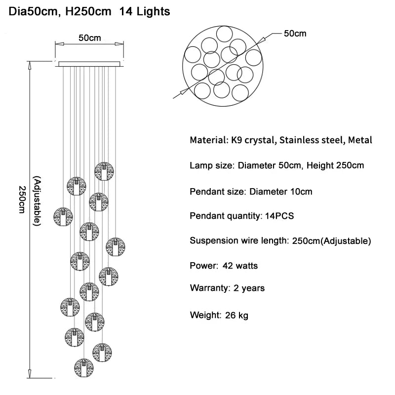 Crystal Ball LED Chandelier Pendant Light for Living Room Kitchen Stair Salon