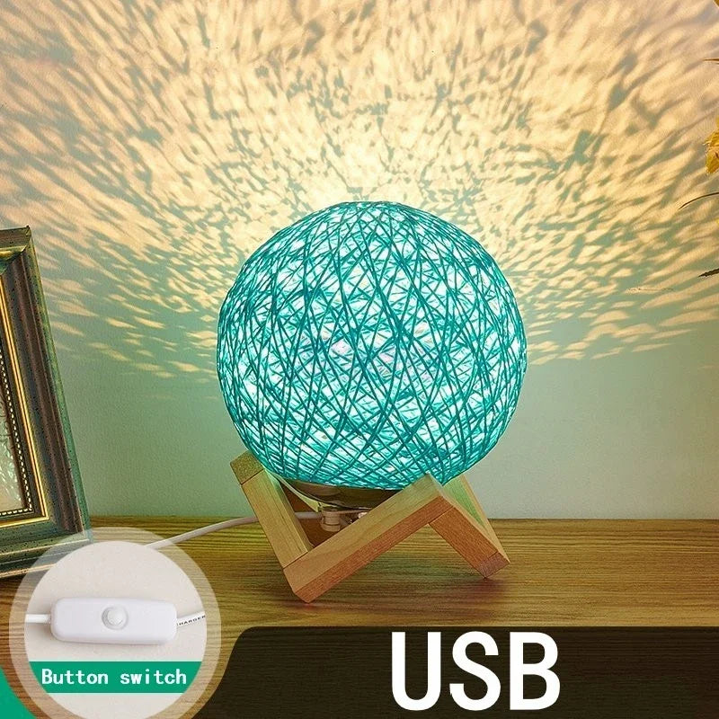 Minimalist Rattan Ball LED Table Lamp with Solid Wood Base