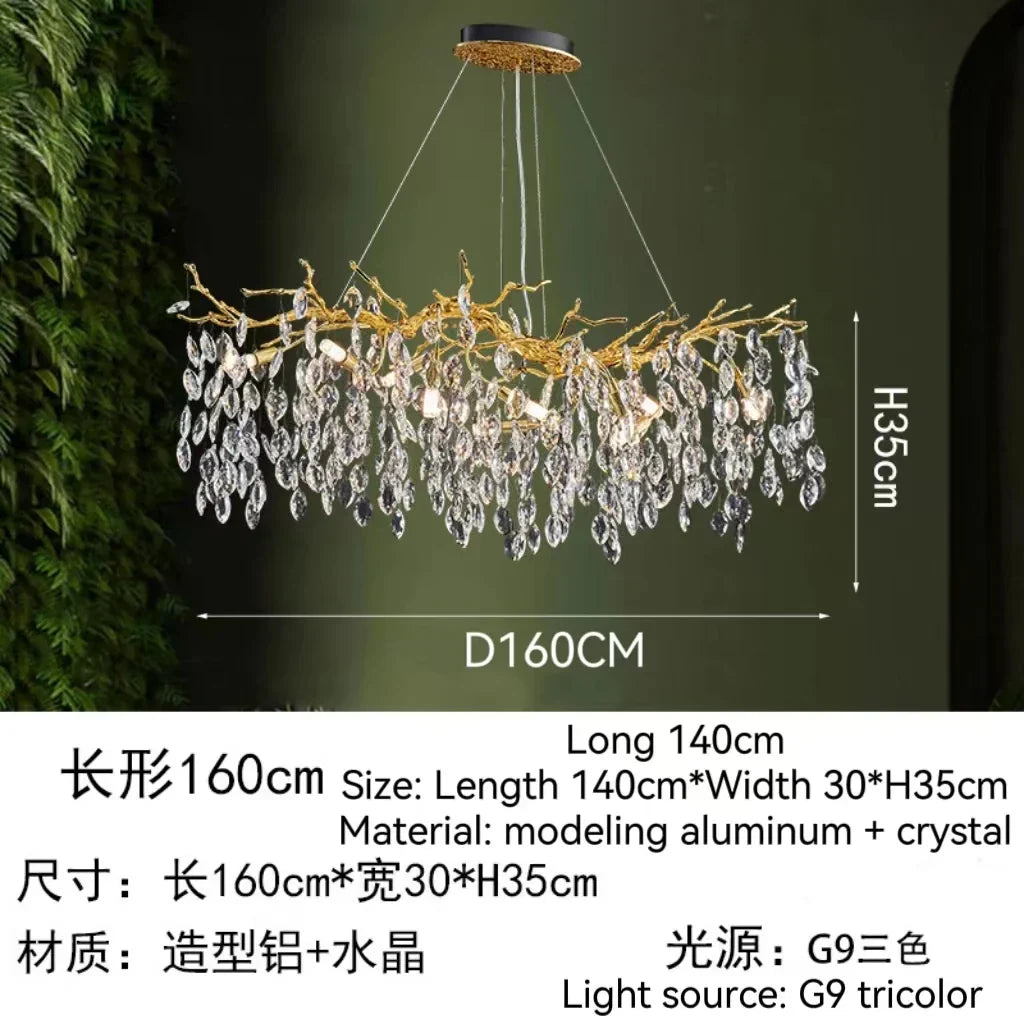 Golden Crystal Tree Chandelier, Luxury Matte Aluminum Art Ceiling Light for Living Room