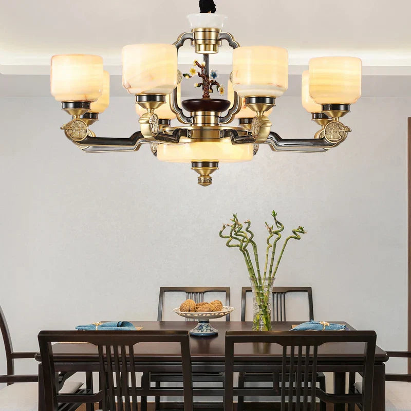 All Copper Jade Chandelier for Living Room, Villa Duplex Multi-storey Lighting