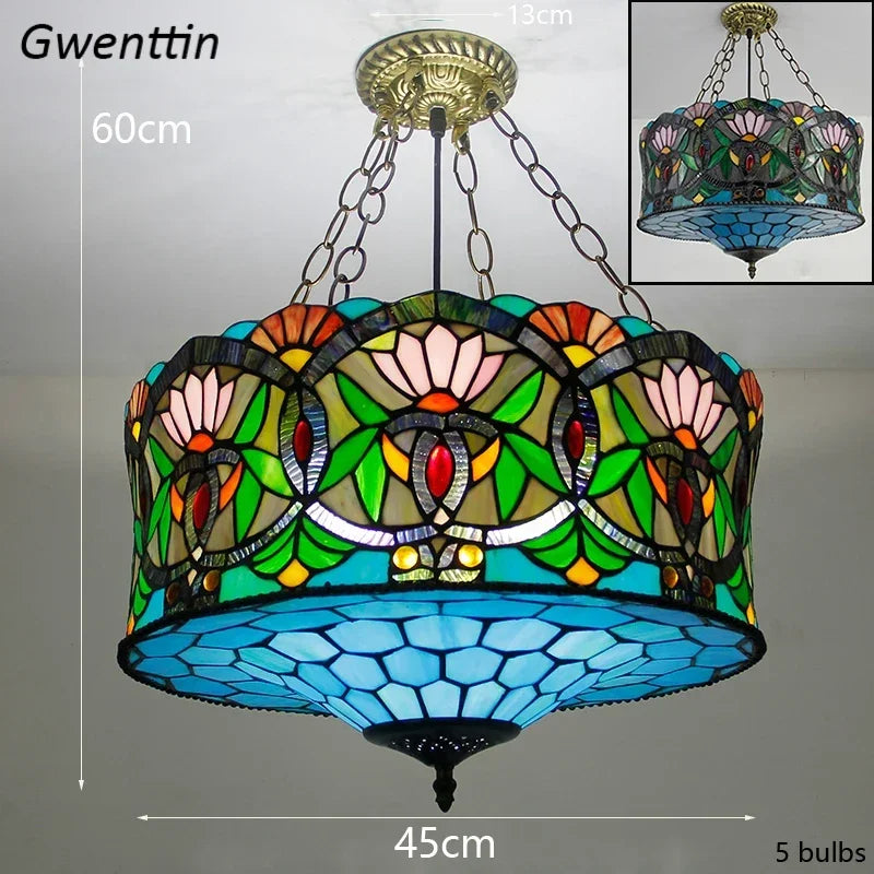 Mediterranean Tiffany Stained Glass Pendant Light Vintage Hanging Lamp Art Decor