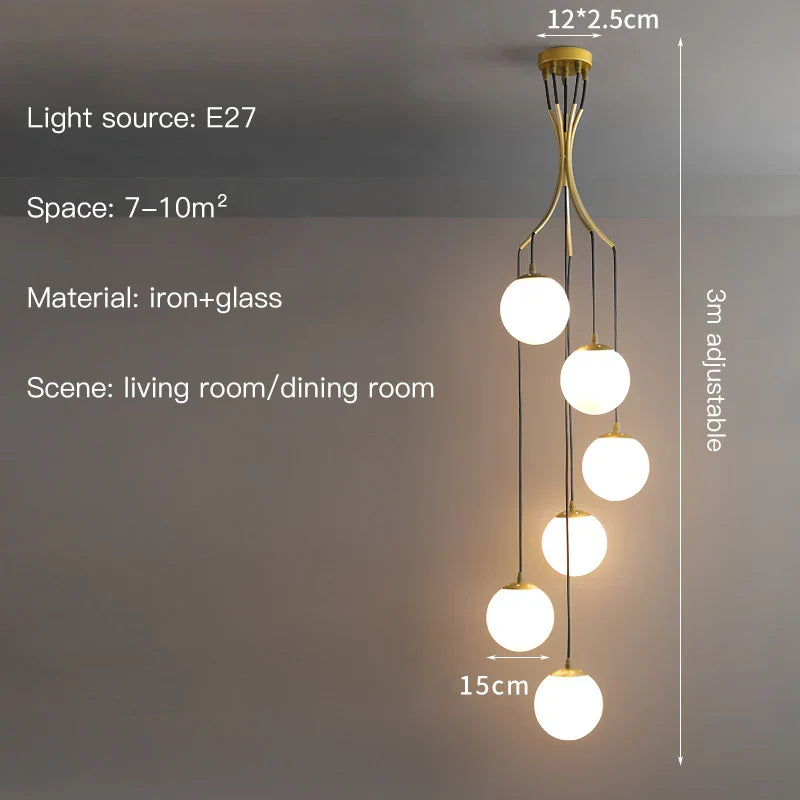 Glass Ball LED Chandelier, Modern Minimalist Loft Villa Staircase Decor