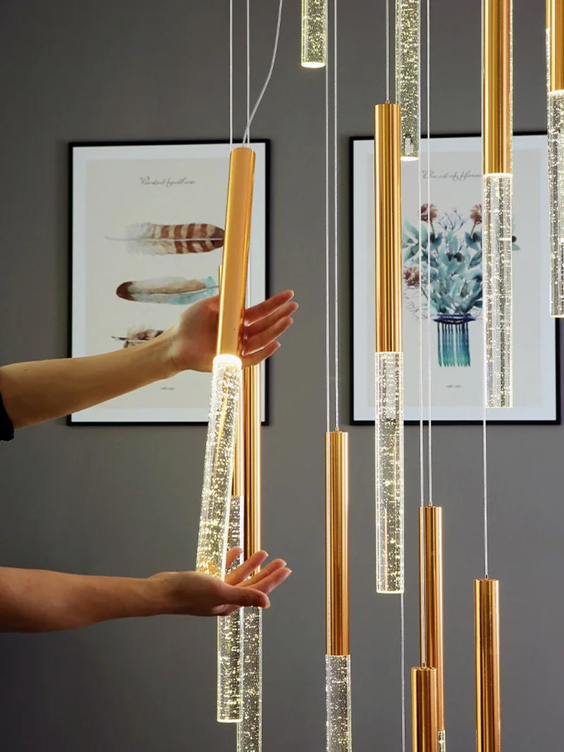 Modern Gold Crystal LED Staircase Chandelier for Large Hallway Lobby Loft