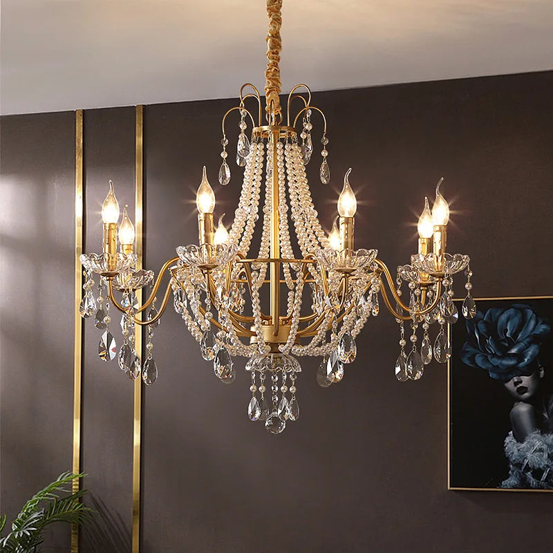 French Pearl Chandelier, Elegant Retro Design for Luxurious Living Spaces
