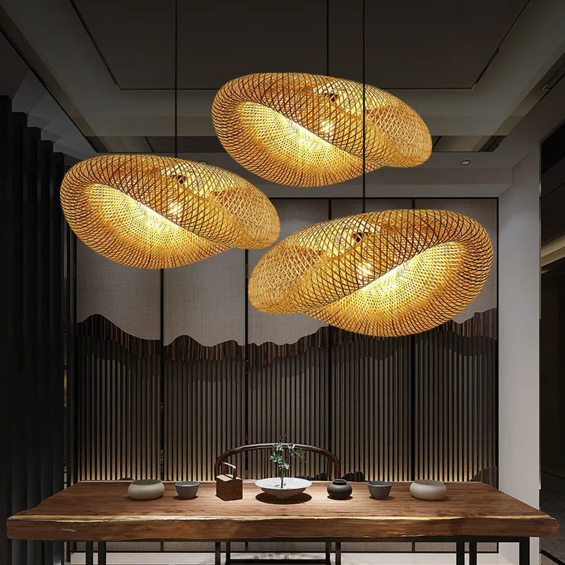 Bamboo Woven Chandelier Tea Room LED Lighting