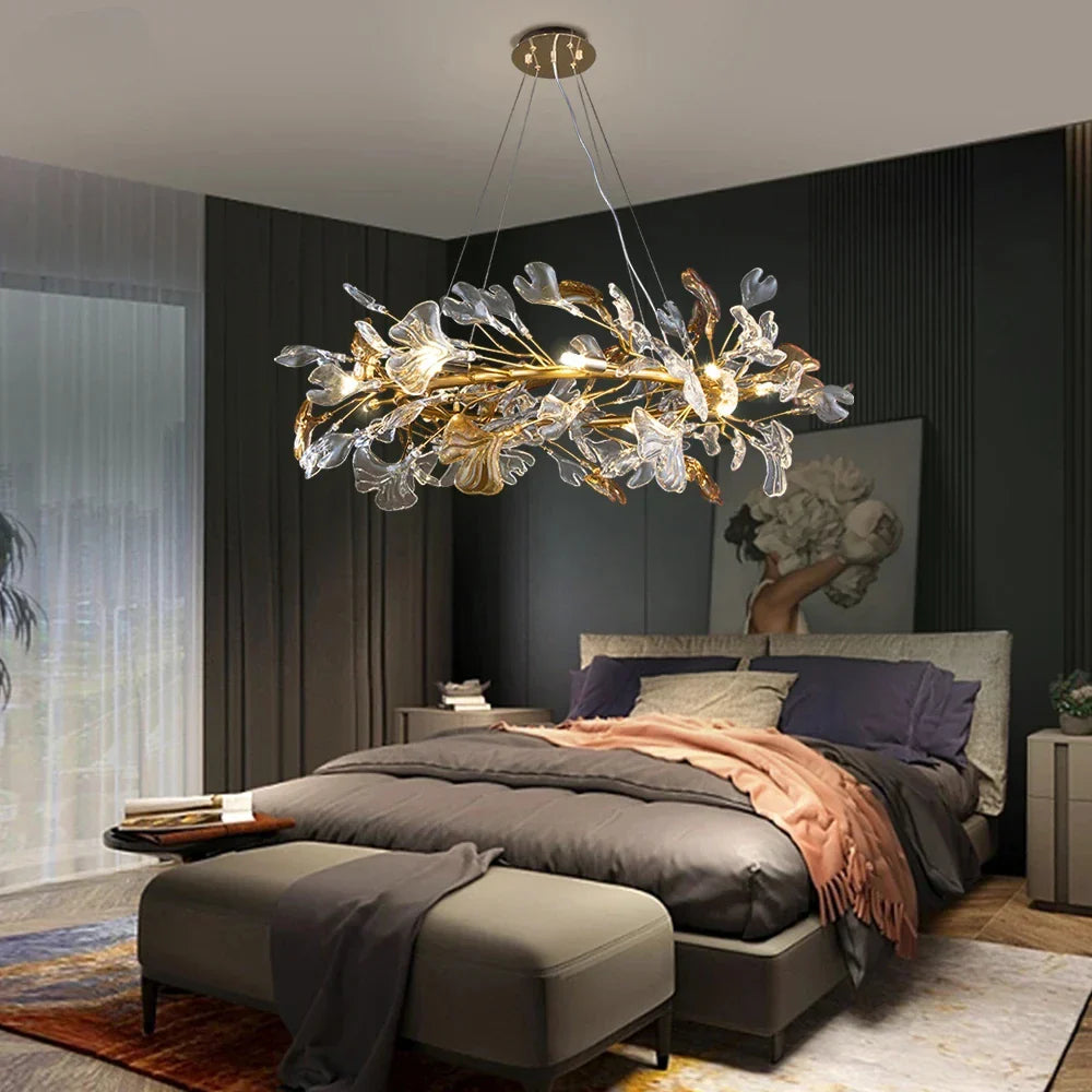 Round Glass Leaf Crystal Branch Chandelier for Bedroom, Living Room, Dining Room