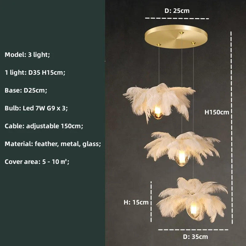Ostrich Feather Glass Chandelier Lighting for Modern Staircase and Home Decor