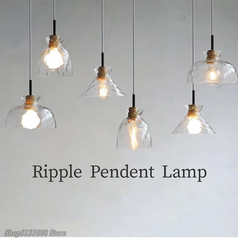 Wood Glass Pendant Lamp Japanese Style Minimalist Led for Living Room