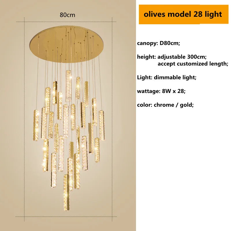 Crystal Lustre Pendant Lights with Dimmable LED, Adjustable Cable - Gold Chrome Steel