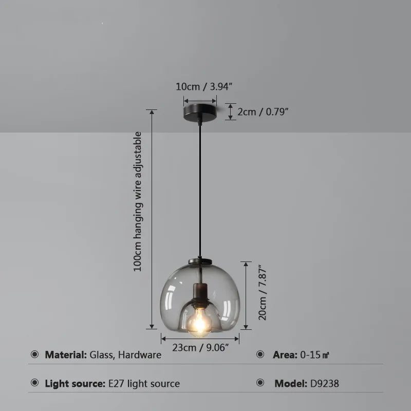 Smoke Gray Glass Pendant Lights: Minimalist Nordic LED Industrial Hanging Lamp