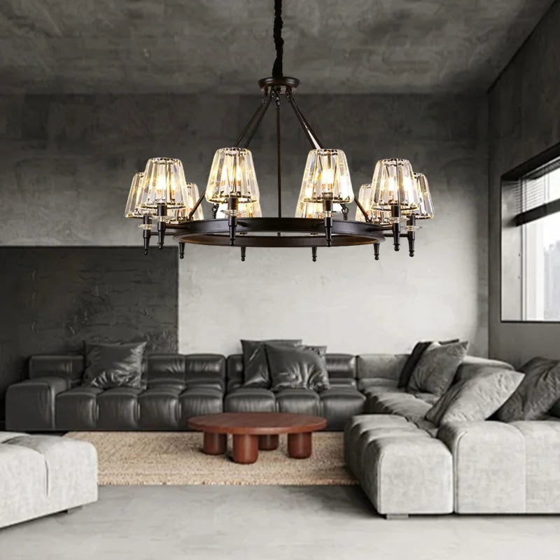 Matte Black Metal LED Chandelier with K9 Crystal Shades - Round Pendant Lighting