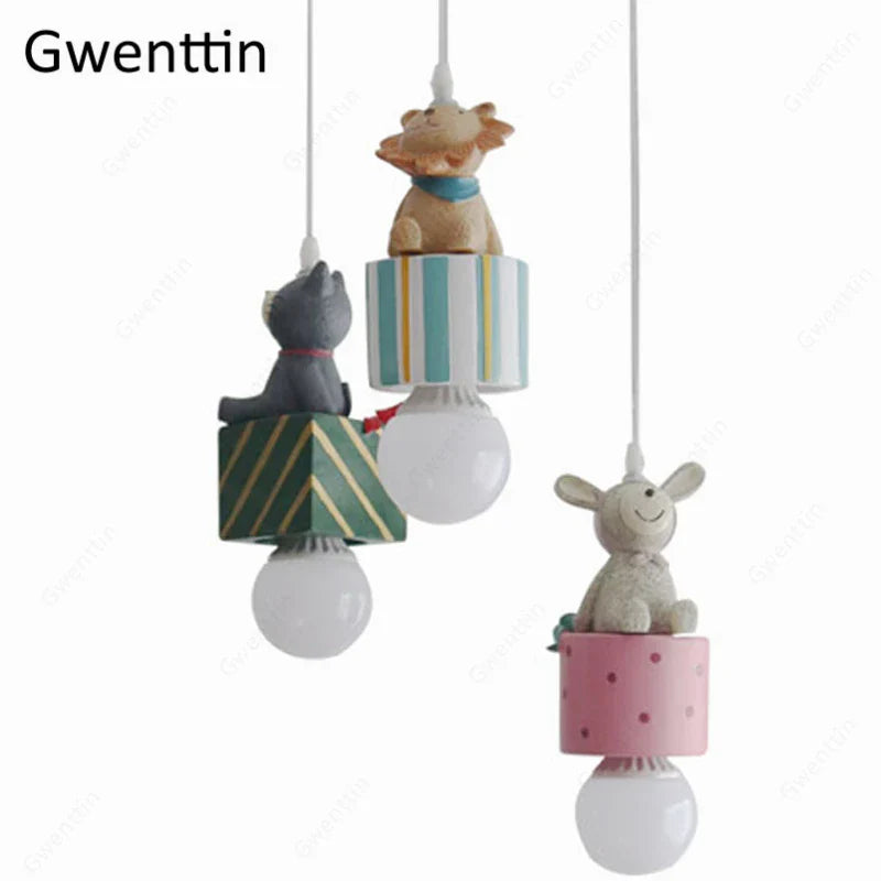 Kids Animal Pendant Lamp: Rabbit Lion Cat LED Ceiling Light Fixture