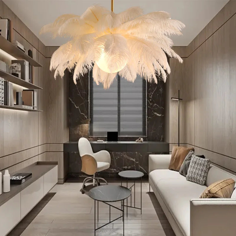 Ostrich Feather Gold Chandelier Lighting: Nordic Style Rod Hanging LED Chandelier for Living Room