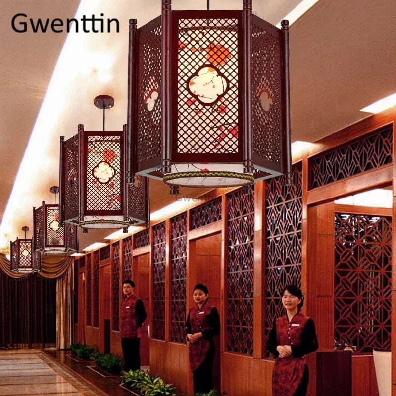 Sheepskin Lantern Pendant Light - Vintage Chinese Style Wooden Hanging Lamp