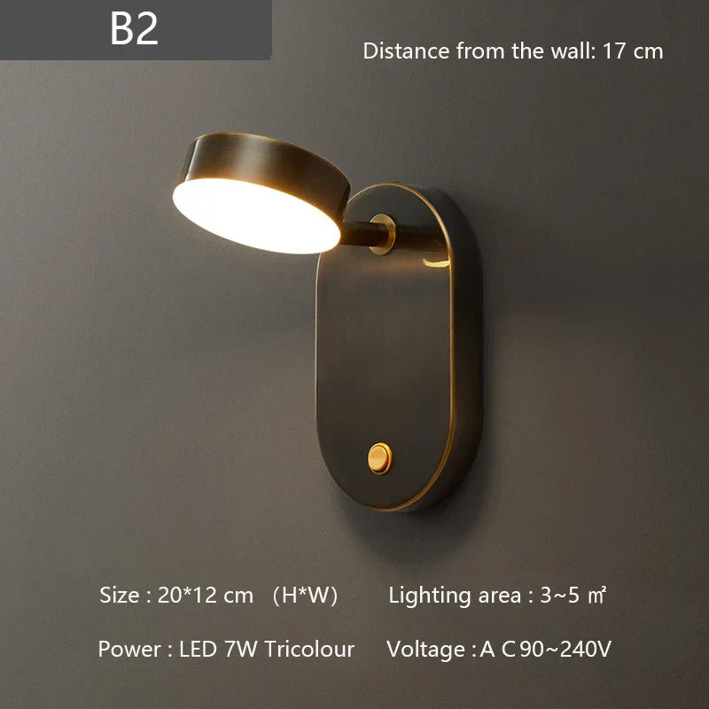 Nordic Brass Wall Lamp with Switch, Modern Minimalist Indoor LED Wall Light