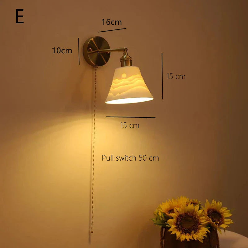 Ceramic Sconce Lamp, Vintage Brass Wall Light, Modern Minimalist Bedside Reading Lamp