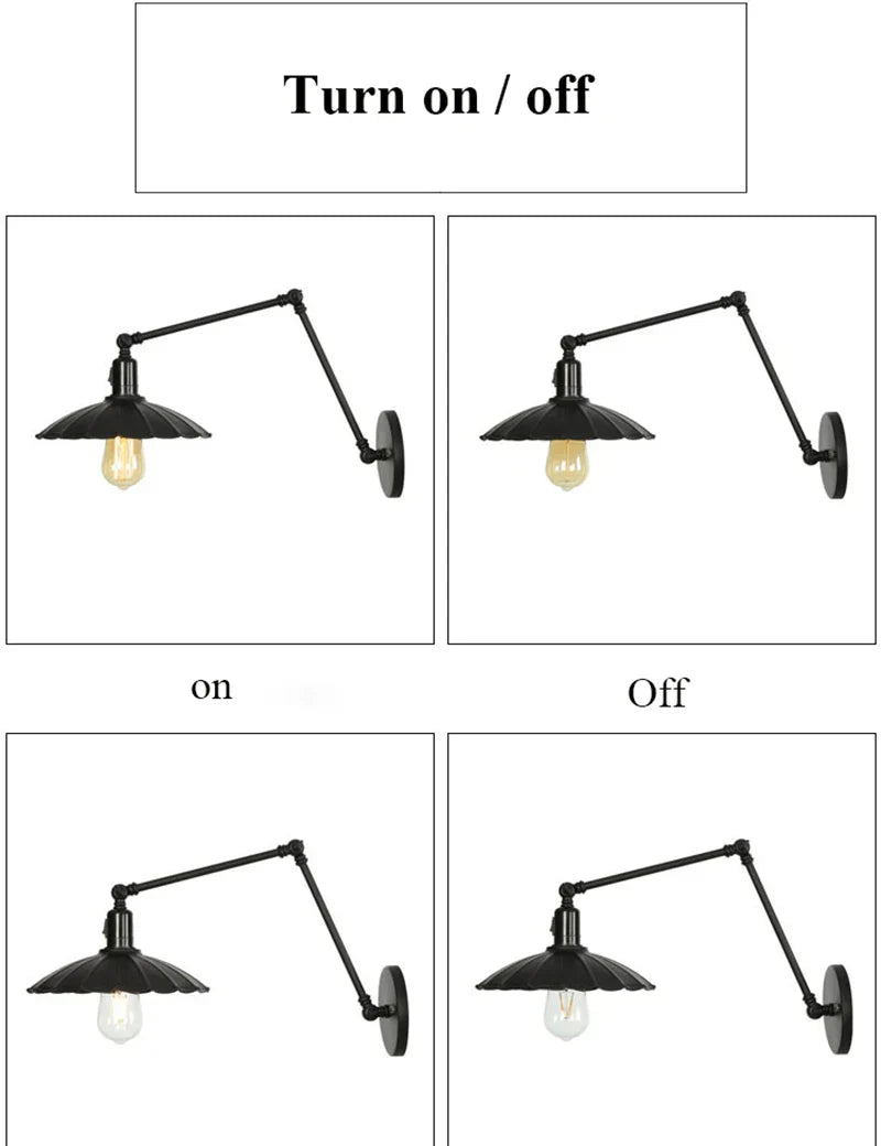 Retro Long Arm Bedside Wall Lamp with Switch - Black