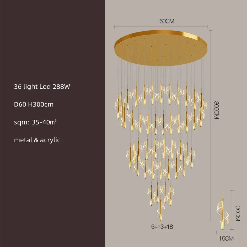 Modern Gold Spiral Stairs Acrylic Chandelier LED Pendant Lighting Spiral Stairs Hanging Luminarias