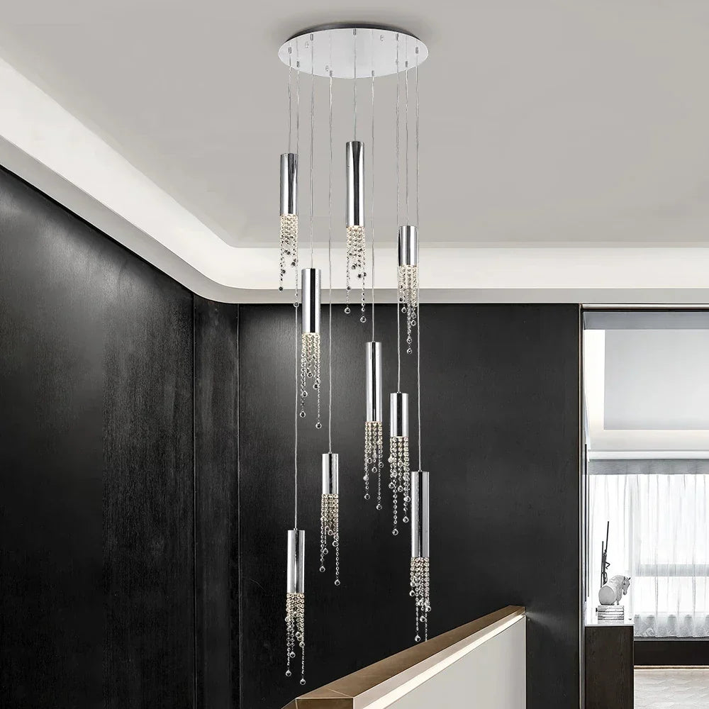 Crystal Staircase Chandelier: Modern LED Lighting for Living Room, Hall, or Loft