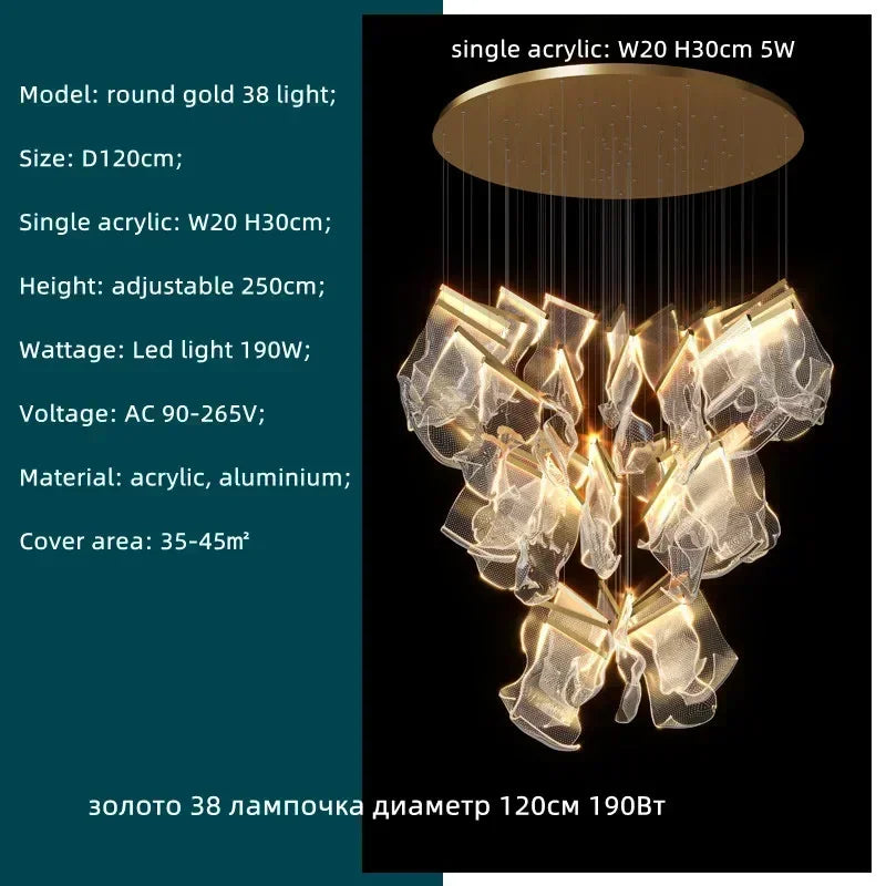 Acrylic Leaf Chandelier LED Light Dimmable Luxury Pendant for Home Decor