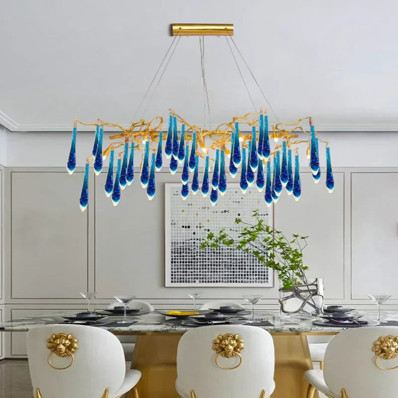 Blue Crystal Chandelier: Luxe Living Room LED Lighting