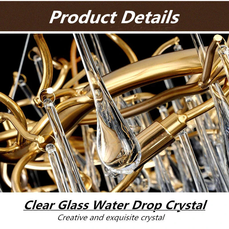 Elegant Gold Metal Branch Chandelier with Glass Water Drop Crystals