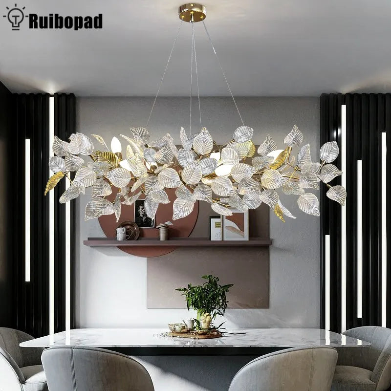 Ginkgo Leaf Crystal Chandelier - Elegant LED Pendant Lamp for Dining & Living Room