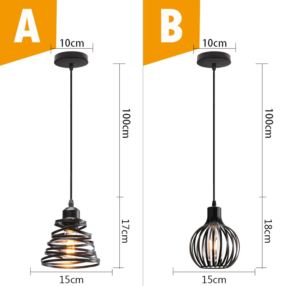 Black Metal Cage Pendant Light - Vintage Industrial Loft Kitchen Lighting