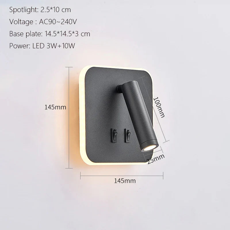 LED Wall Lamp USB Charging Bedroom Hotel Bedside Reading Sconce Switch