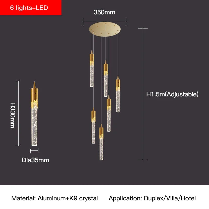 Crystal Staircase Chandelier: Modern Loft Hanging Lamps with Gold Finish
