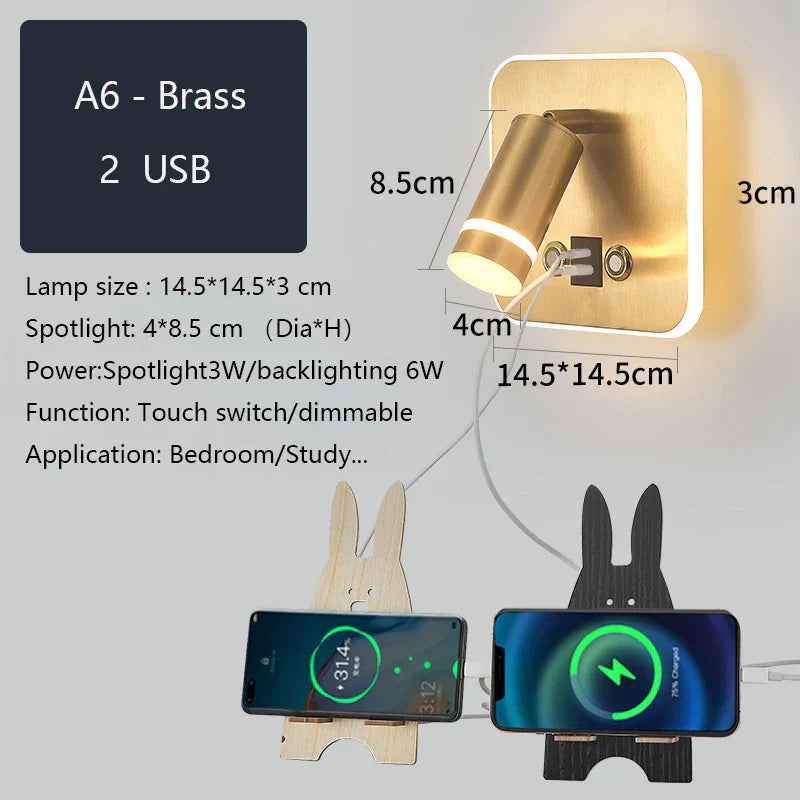 LED Wall Sconce Lamp Touch Switch USB Bedside Reading Light Tri-color Diammable