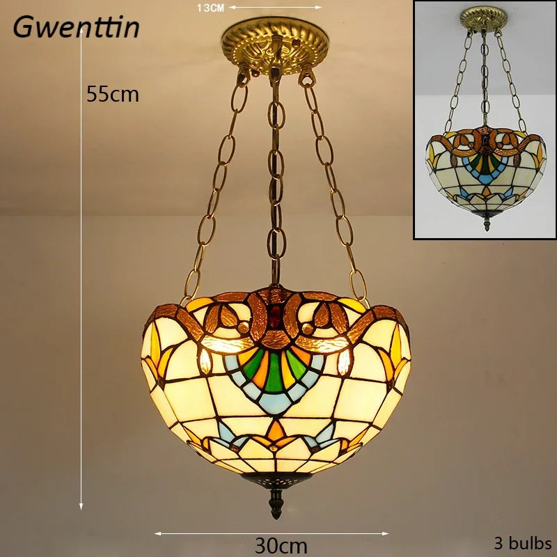 Mediterranean Tiffany Stained Glass Pendant Light Vintage Hanging Lamp Art Decor