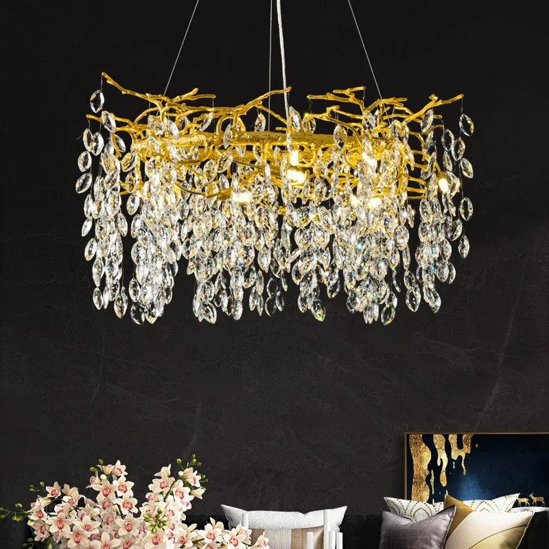 Golden Crystal Tree Chandelier, Luxury Matte Aluminum Art Ceiling Light for Living Room