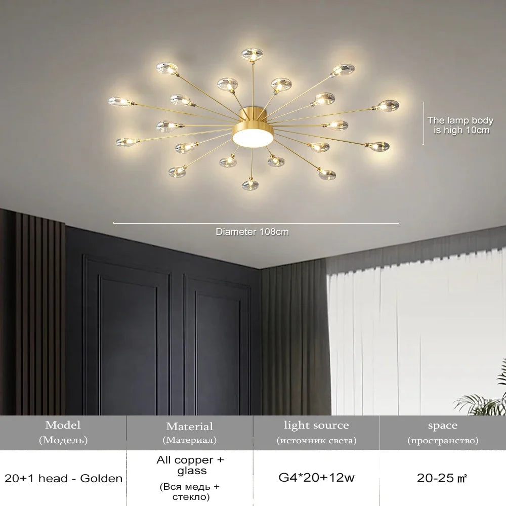 Copper Fireworks LED Ceiling Chandelier for Modern Bedroom and Living Room Decor