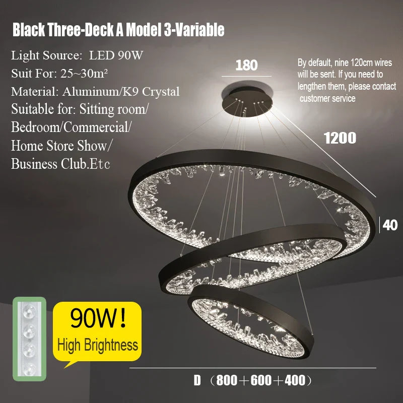 Crystal LED Chandelier Circle Hanging Lamp - Modern Luxury Dimmable Lighting