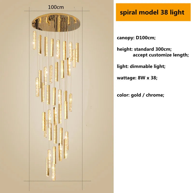 Crystal Lustre Pendant Lights with Dimmable LED, Adjustable Cable - Gold Chrome Steel