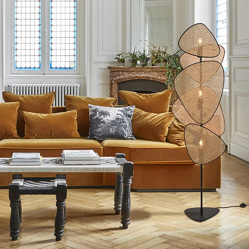 Leaf Grid Handmade Rattan Screen Chandelier for Modern Living Room and Bedroom