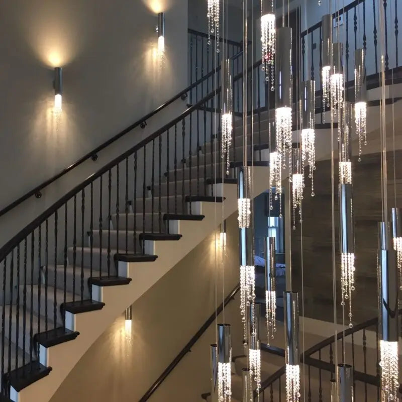 Crystal Staircase Chandelier: Modern LED Lighting for Living Room, Hall, or Loft