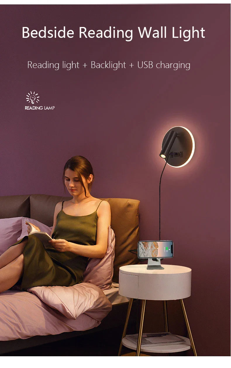 LED Wall Lamp USB Charging Bedroom Hotel Bedside Reading Sconce Switch