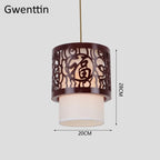 Sheepskin Lantern Pendant Light - Vintage Chinese Style Wooden Hanging Lamp