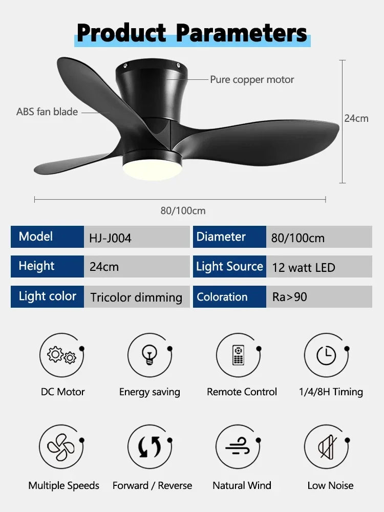 Smart DC Motor Ceiling Fan 6 Speed Remote Control 24CM Luxurious Design