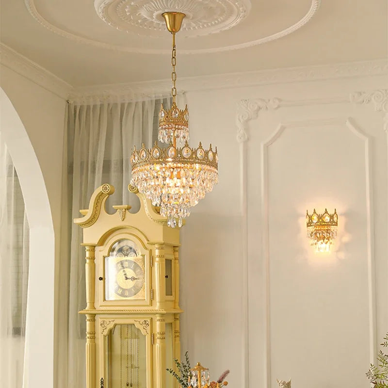 Crown Crystal Chandelier - Golden Vintage LED Pendant for Elegant Indoor Lighting