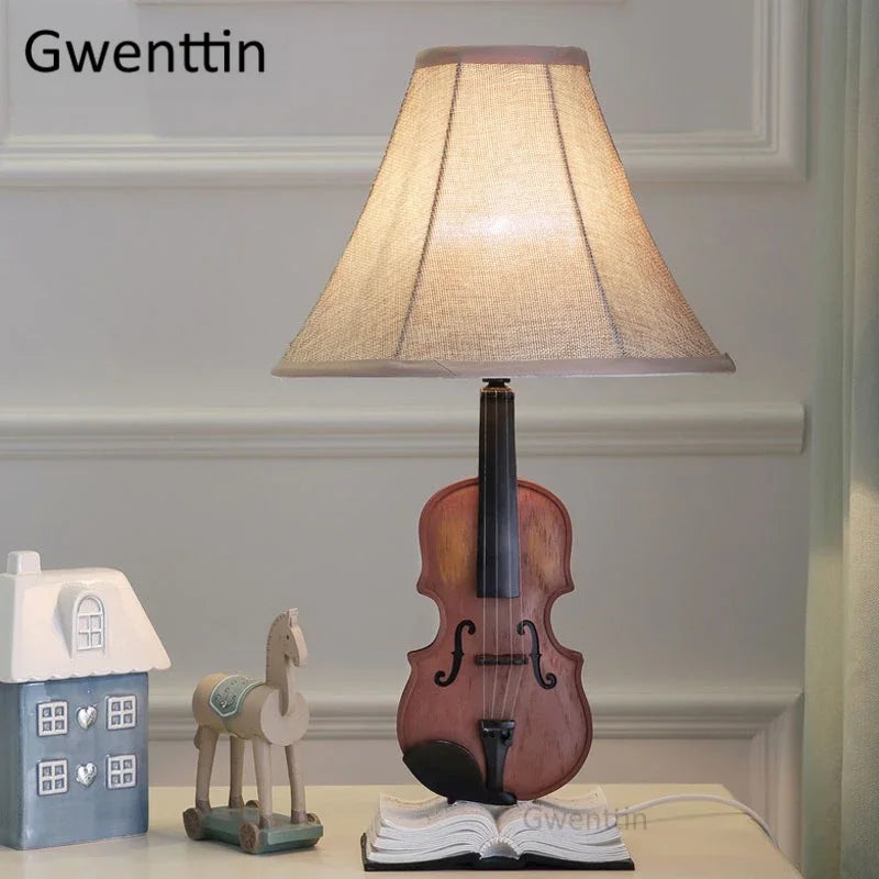 Kids Violin LED Table Lamp for Bedroom - Modern Fabric Stand Light