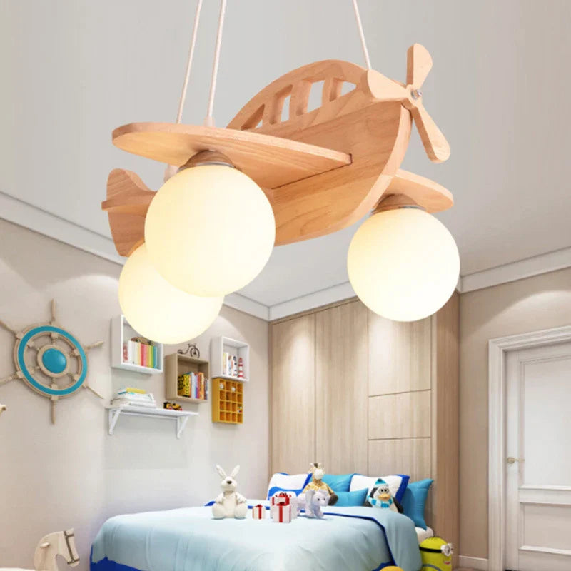 Wooden Airplane Chandelier for Boy's Room & Kindergarten - Creative & Modern Cartoon Lights