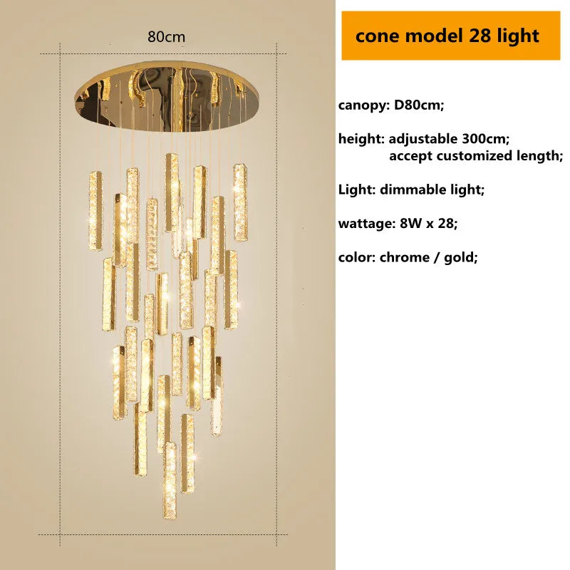 Crystal Lustre Pendant Lights with Dimmable LED, Adjustable Cable - Gold Chrome Steel