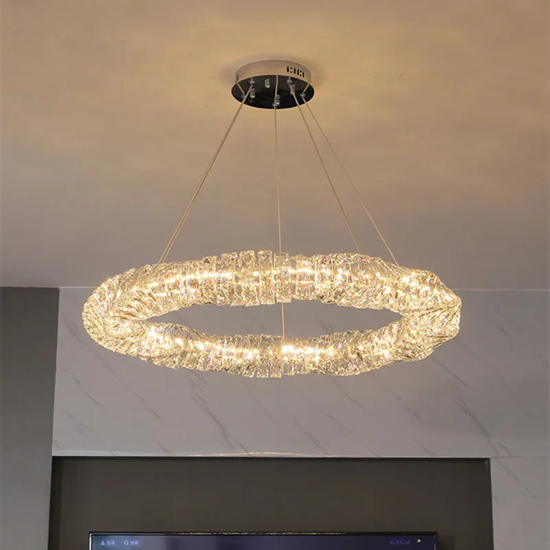 Modern Crystal Pendant Light Dimmable Remote Control Luxury Steel LED Lamp