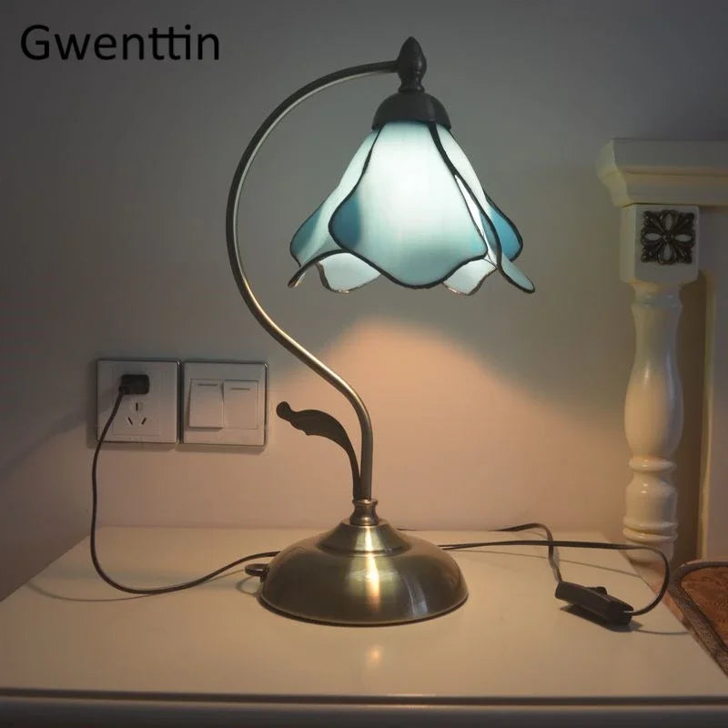 Mediterranean Tiffany Stained Glass Table Lamp LED Living Room Bedroom Vintage Fixtures