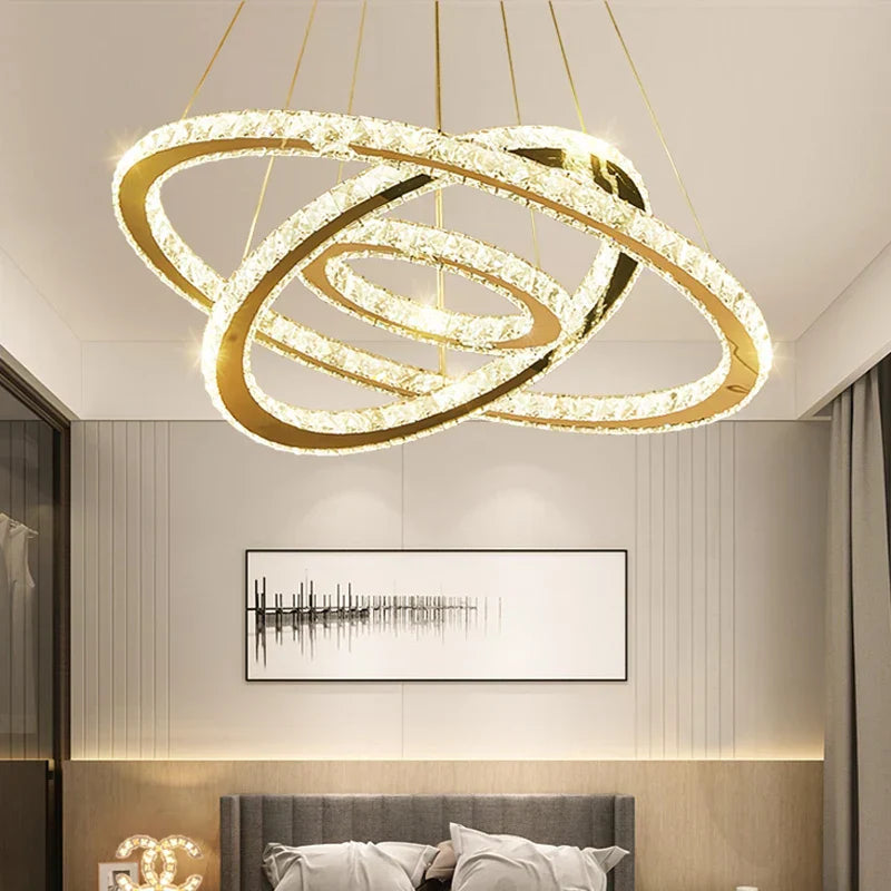 Gold Gloss LED Crystal Ring Chandelier for Modern Luxury Living Room